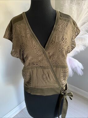 Olive Eyelet Wrap Blouse with Tie